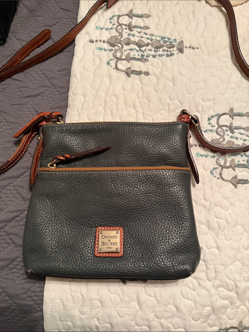 Dooney & Bourke Dark Green Pebbled Leather Crossbody with Tan Trim